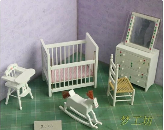 Dollhouse Miniature White Nursery Set of 5 with Floral Design