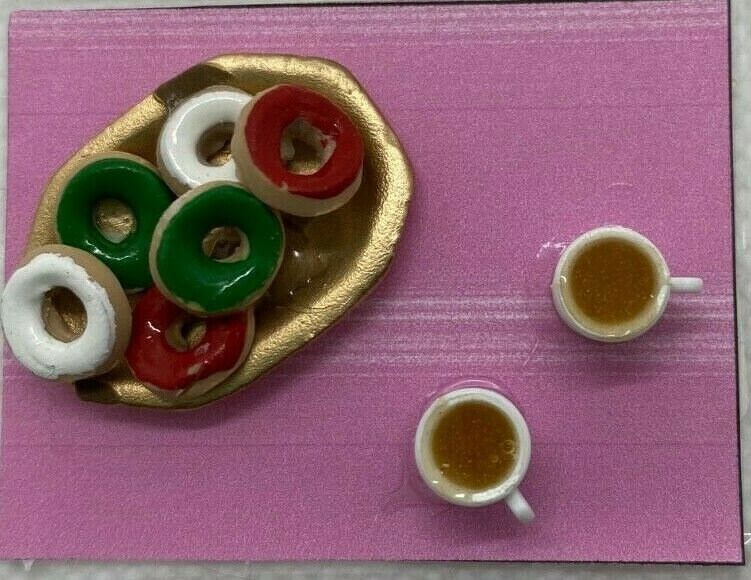 Tray of donuts and 2 mugs of hot chocolate - dollhouse miniature handcrafted