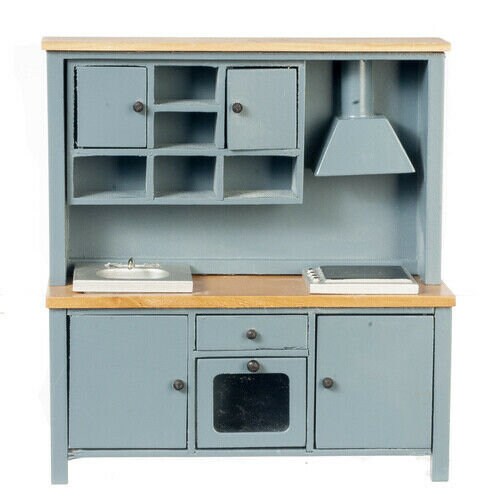Dollhouse miniature sink/stove/cabinet in blue and oak