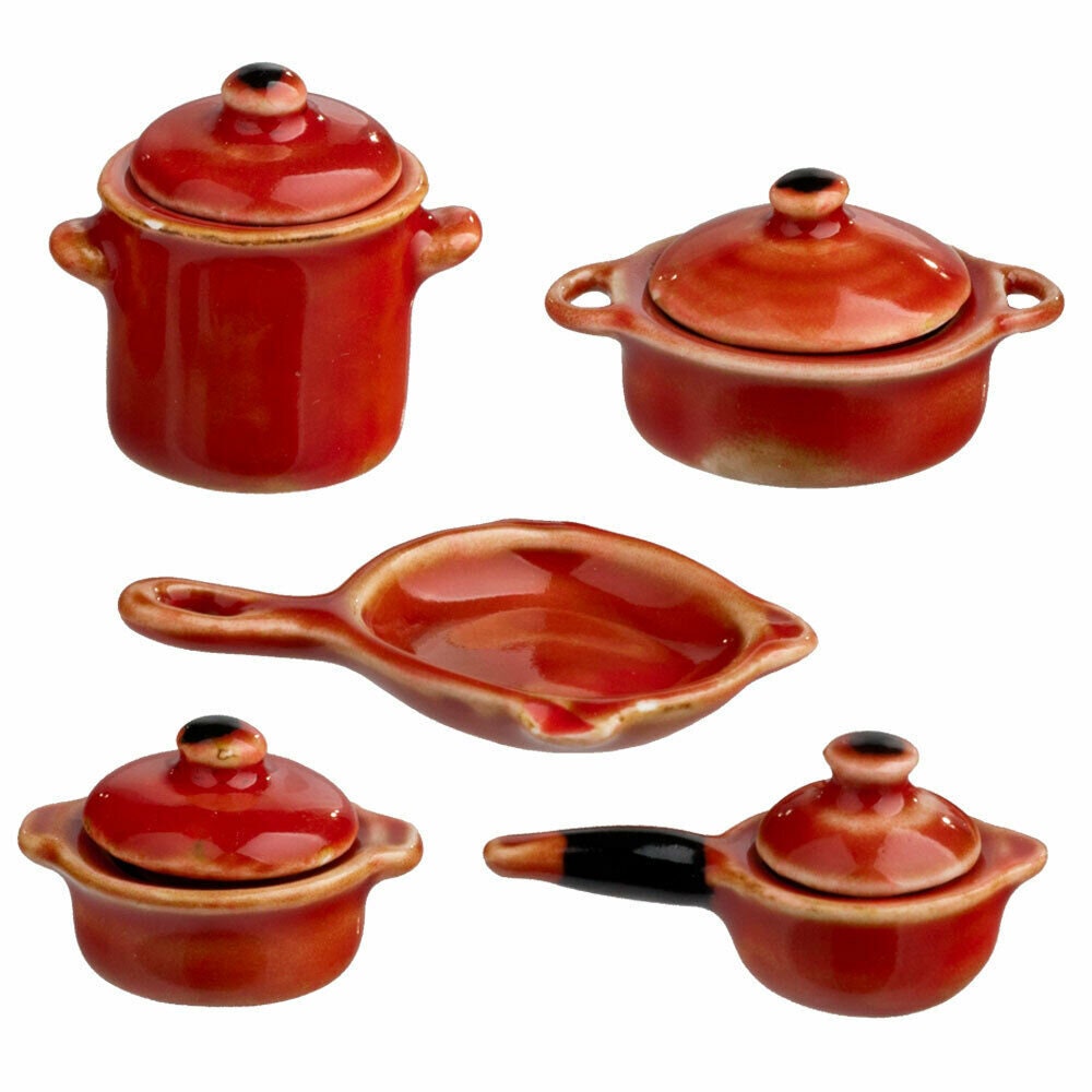 Dollhouse miniature red ochre cookware set of 5