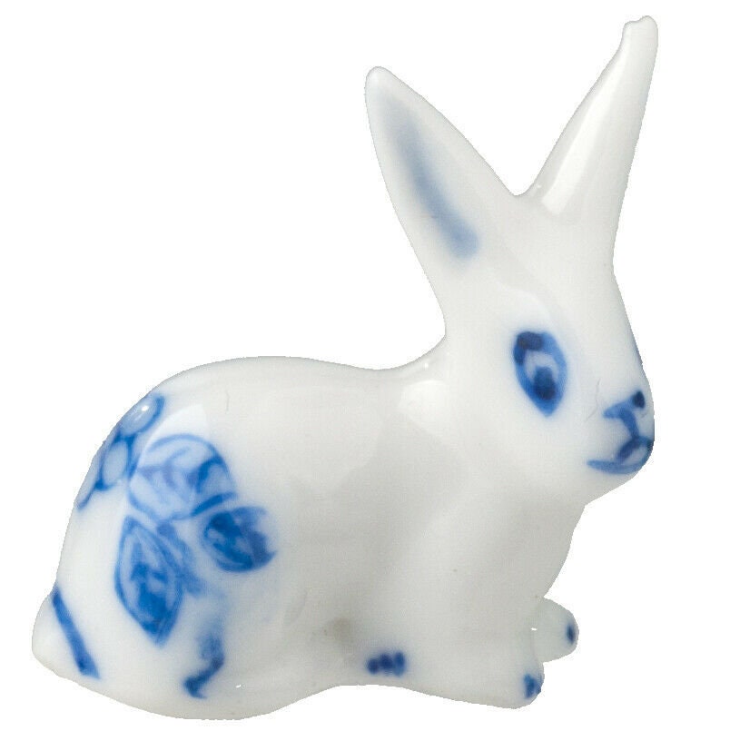 Dollhouse miniature porcelain bunny blue and white