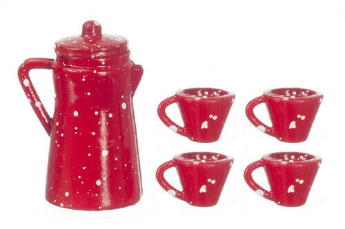 Dollhouse miniature red spatterware coffee set of 5