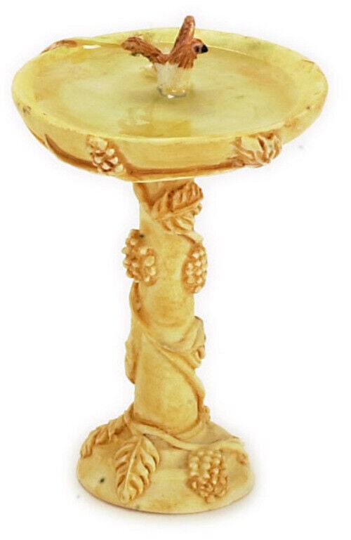 Dollhouse miniature tan bird bath with bird