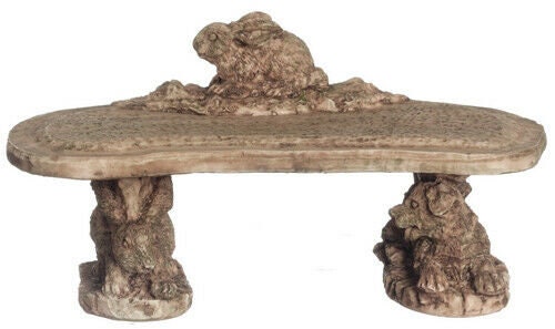 Dollhouse miniature gray ancient bunny bench, 2 pieces