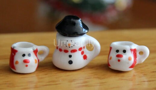 Dollhouse Miniature Snowman Pitcher and 2 Mugs