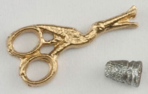 Dollhouse Miniature Stork Scissors, Gold Colored, and Thimble