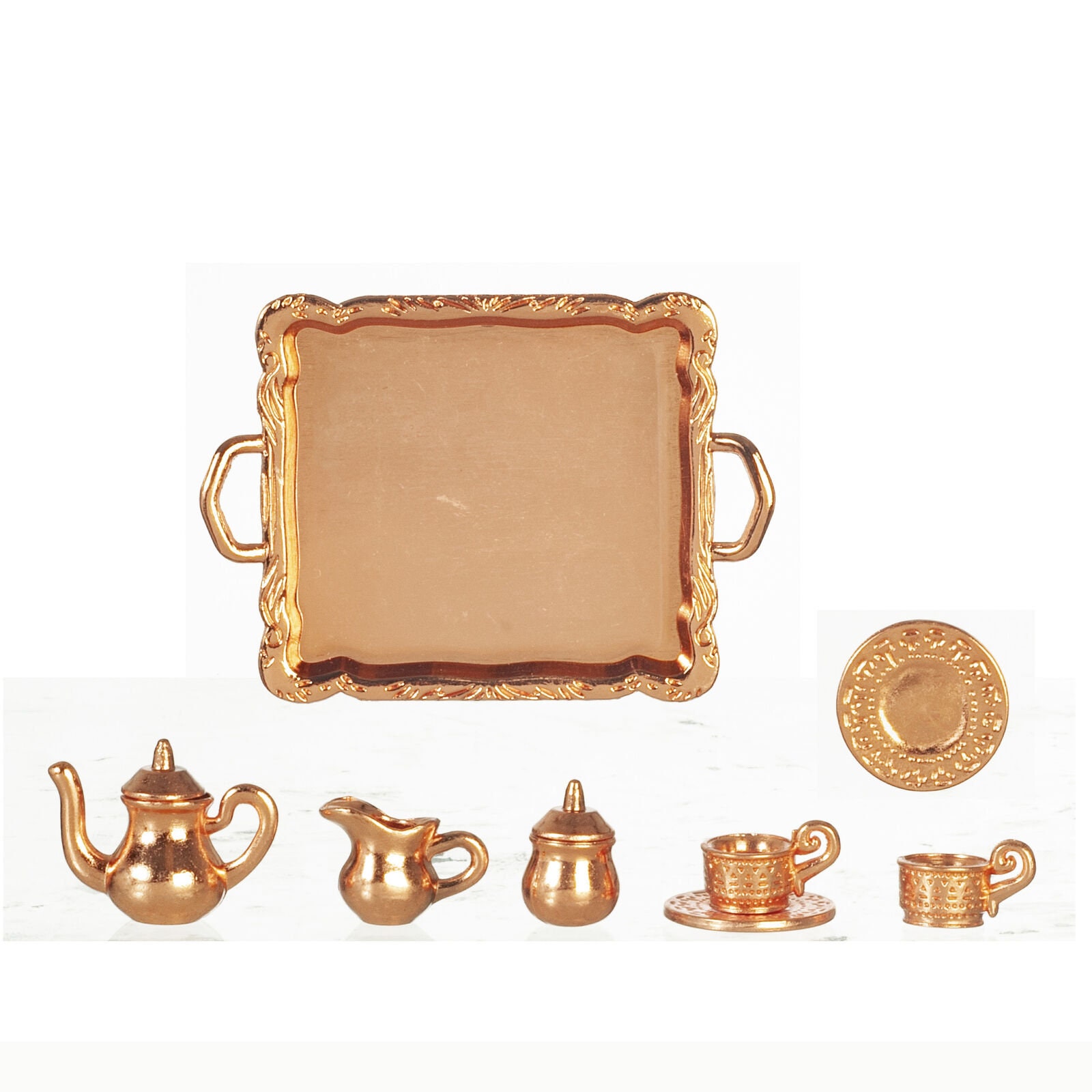 Dollhouse Miniature Copper Tea Set on Tray
