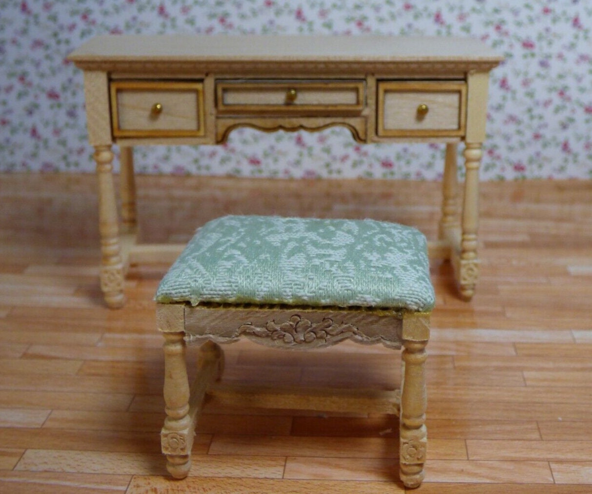 Dollhouse Miniature Unfinished Desk and Stool by JiaLi