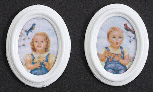 Dollhouse Miniature Spring Prints with White Oval Frames, Set of 2