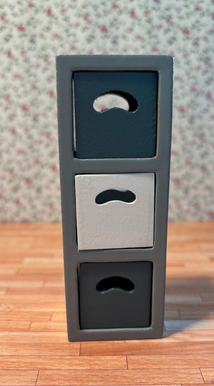 Dollhouse Miniature 3 Shelf Unit in Grey with 3 Storage Boxes