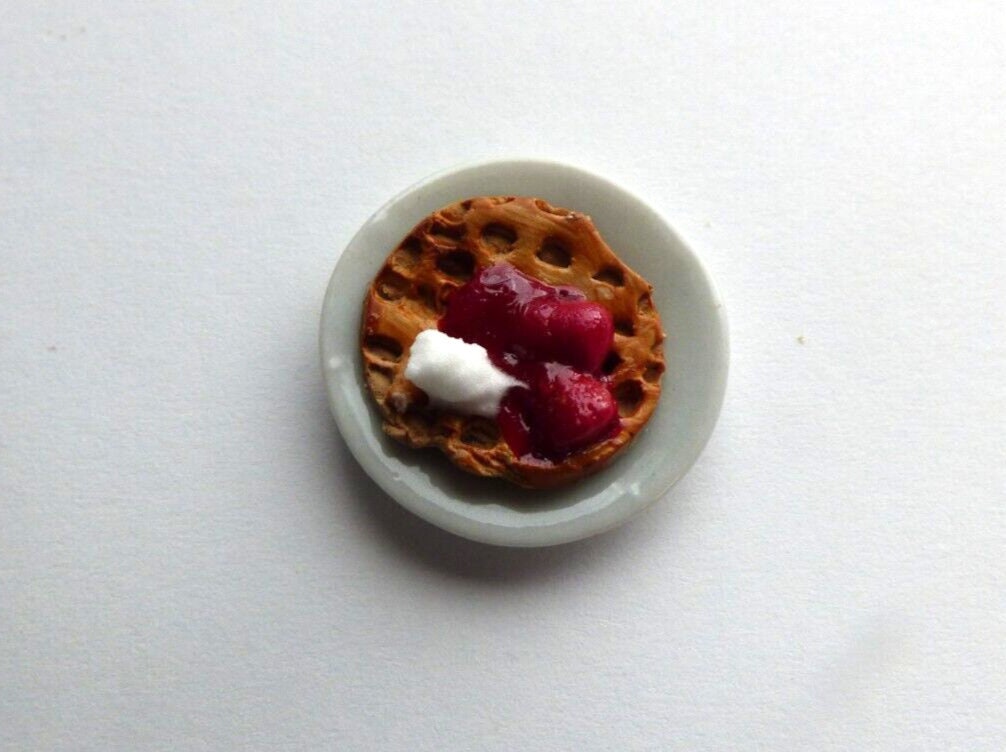Dollhouse Miniature Waffle Plate with Strawberries Handcrafted