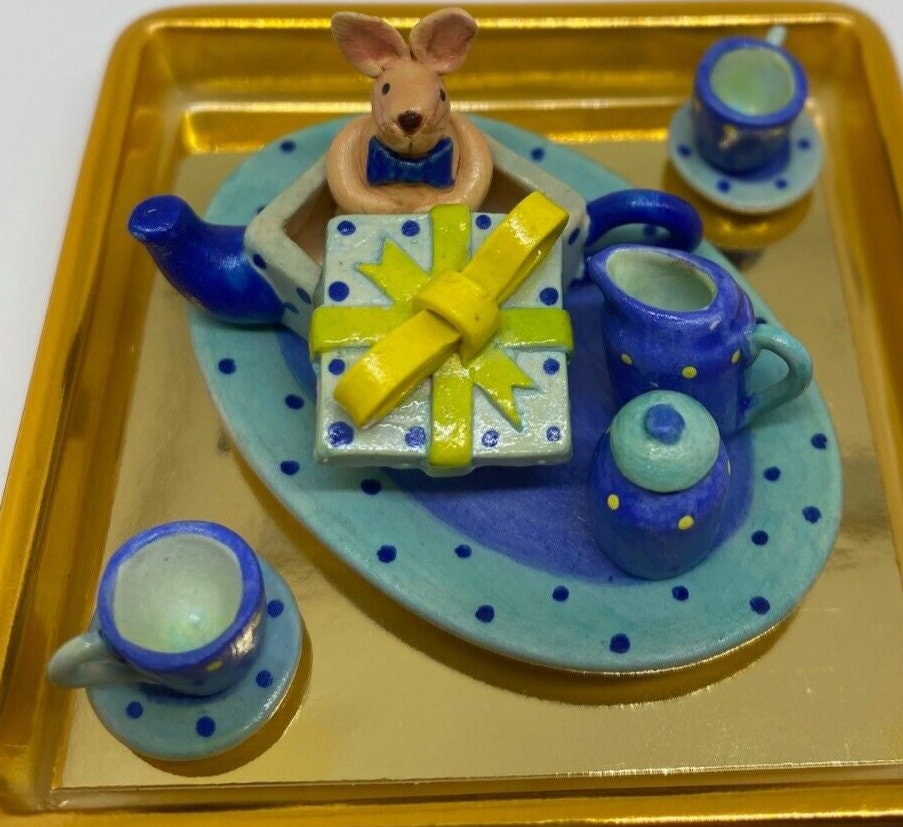 Dollhouse Miniature Blue Dots Tea Set - Handcrafted