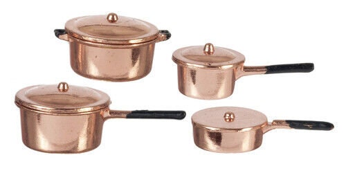 Dollhouse Miniature Set of 8 Copper Pots