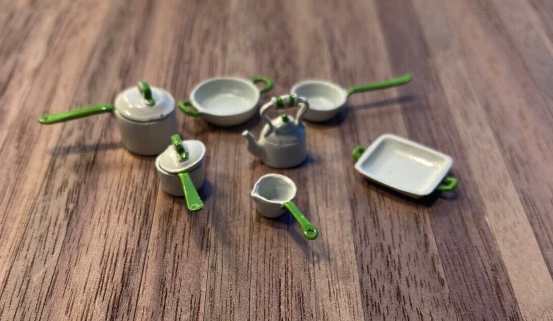 Dollhouse Miniature Pewter Cookware Set Half-Scale, Hand Painted