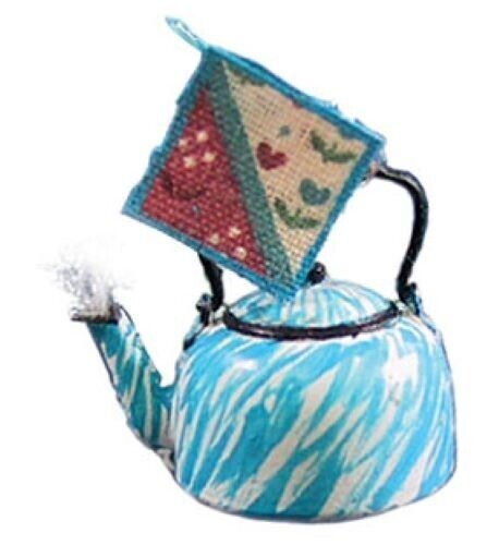 Dollhouse Miniature Tea Kettle, Flow Blue and Potholder