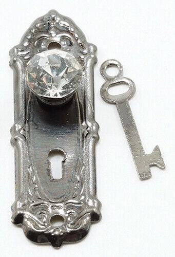 Dollhouse Miniature Crystal Opryland Door Handle Set with Key, Pewter, 2 Pack