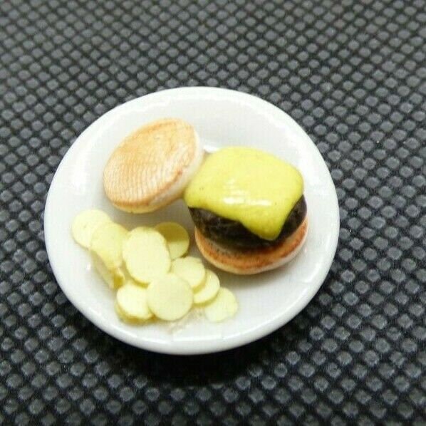 Dollhouse miniature cheeseburger with chips handcrafted