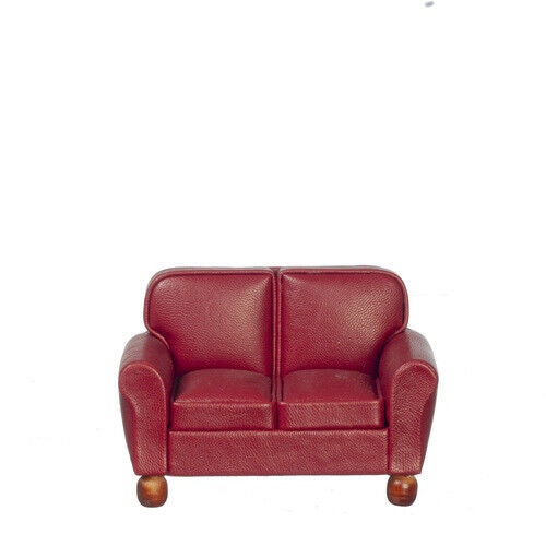 Dollhouse miniature leather loveseat in burgundy