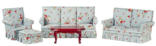 Dollhouse miniature  living room set of 5 - floral and mahogany
