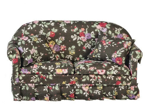 Dollhouse miniature sofa with pillows - black floral