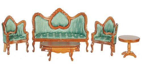 Dollhouse miniature  living room set of 5 - green and walnut