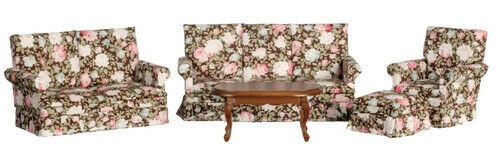 Dollhouse miniature  living room set of 5 - floral and walnut
