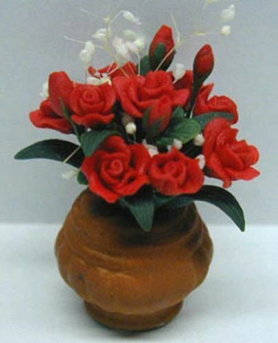Dollhouse miniature red roses in large pot
