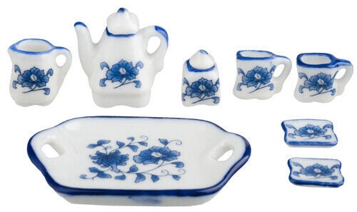Dollhouse miniature coffee set of 8 blue floral