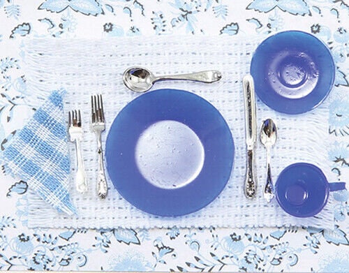 Dollhouse miniature one place setting - cobalt