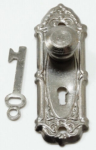 Dollhouse miniature opryland door handle set with key, pewter, 2 pack