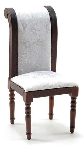Dollhouse miniature side chair, walnut with white fabric