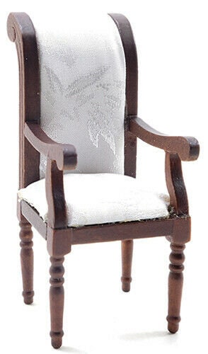 Dollhouse miniature armchair, walnut with white fabric