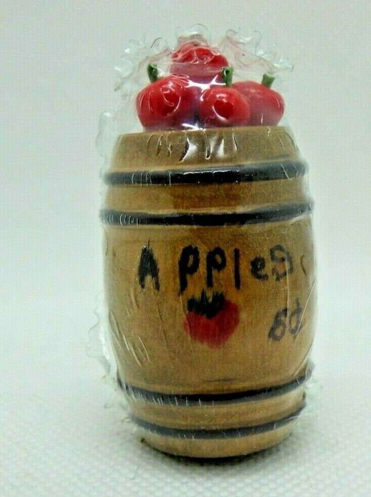 Dollhouse miniature apple barrel filled with apples
