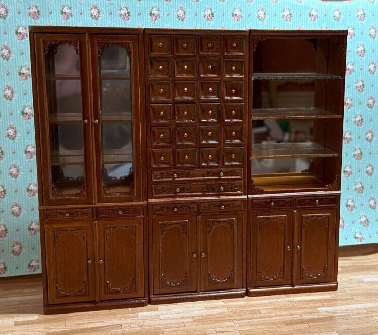 Dollhouse miniature 3 piece library set in walnut by jia-li