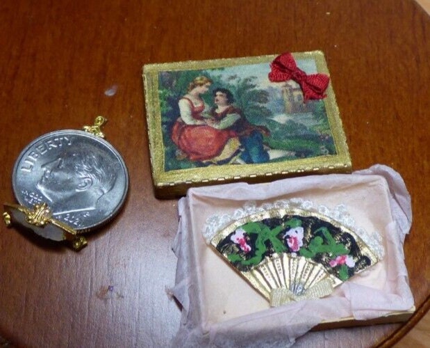 Dollhouse miniature fan box with green floral fan -handcrafted