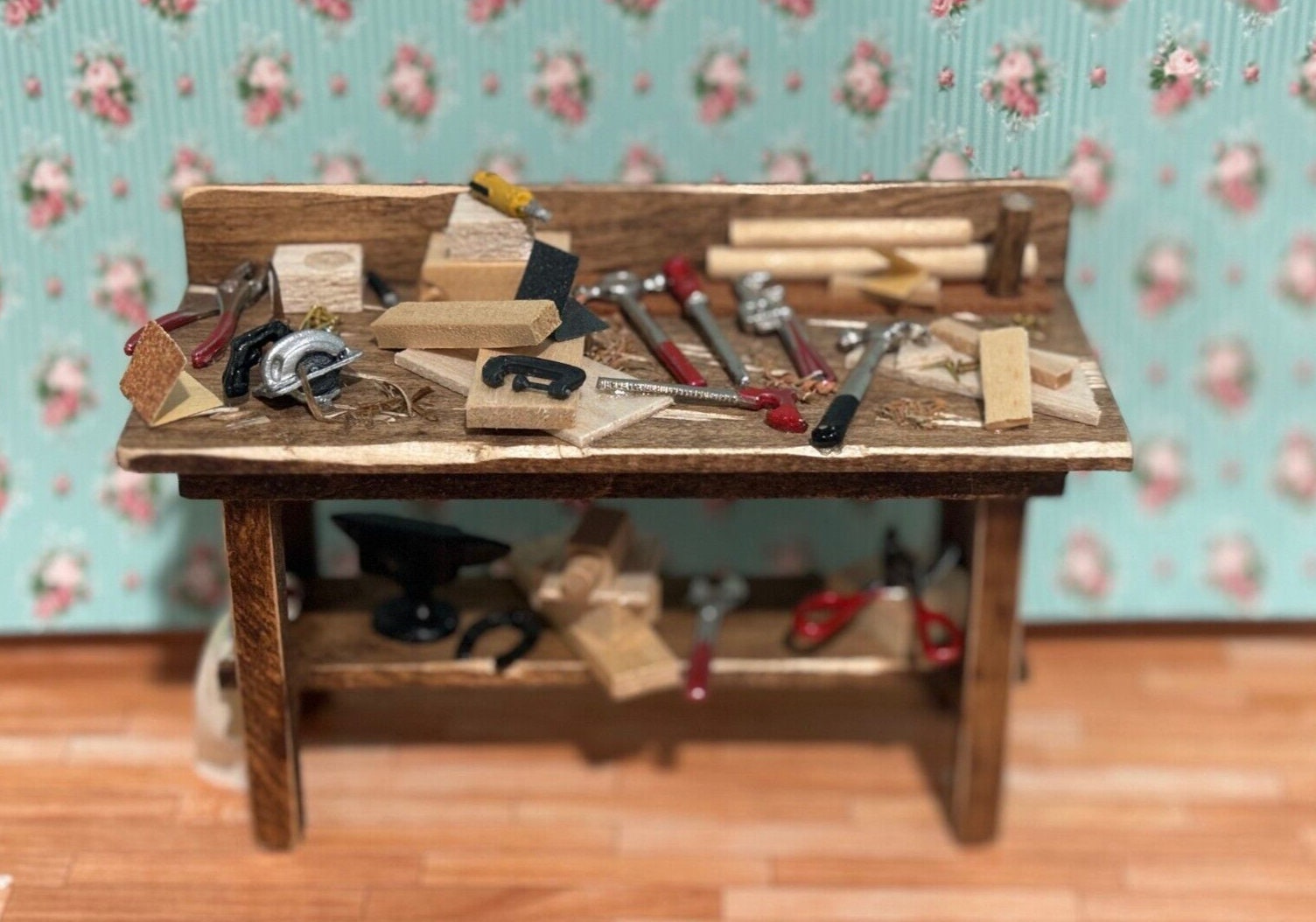 Dollhouse miniature tool table handcrafted by taylor jade