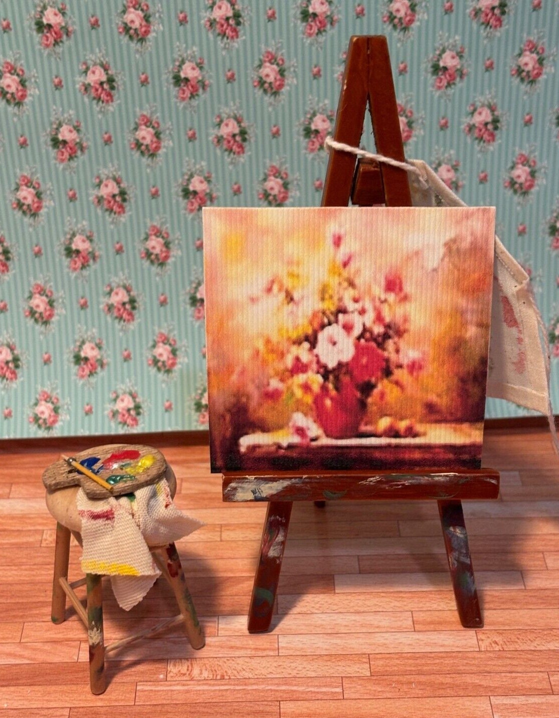 Dollhouse miniature art easel and stool - floral - handcrafted by taylor jade