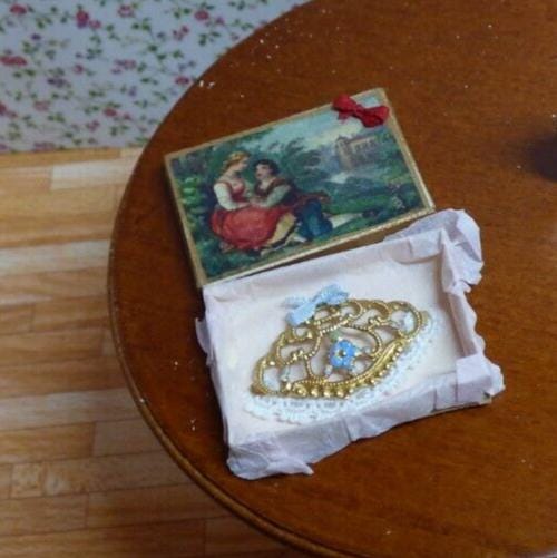Dollhouse miniature blue fan in decorative box handcrafted