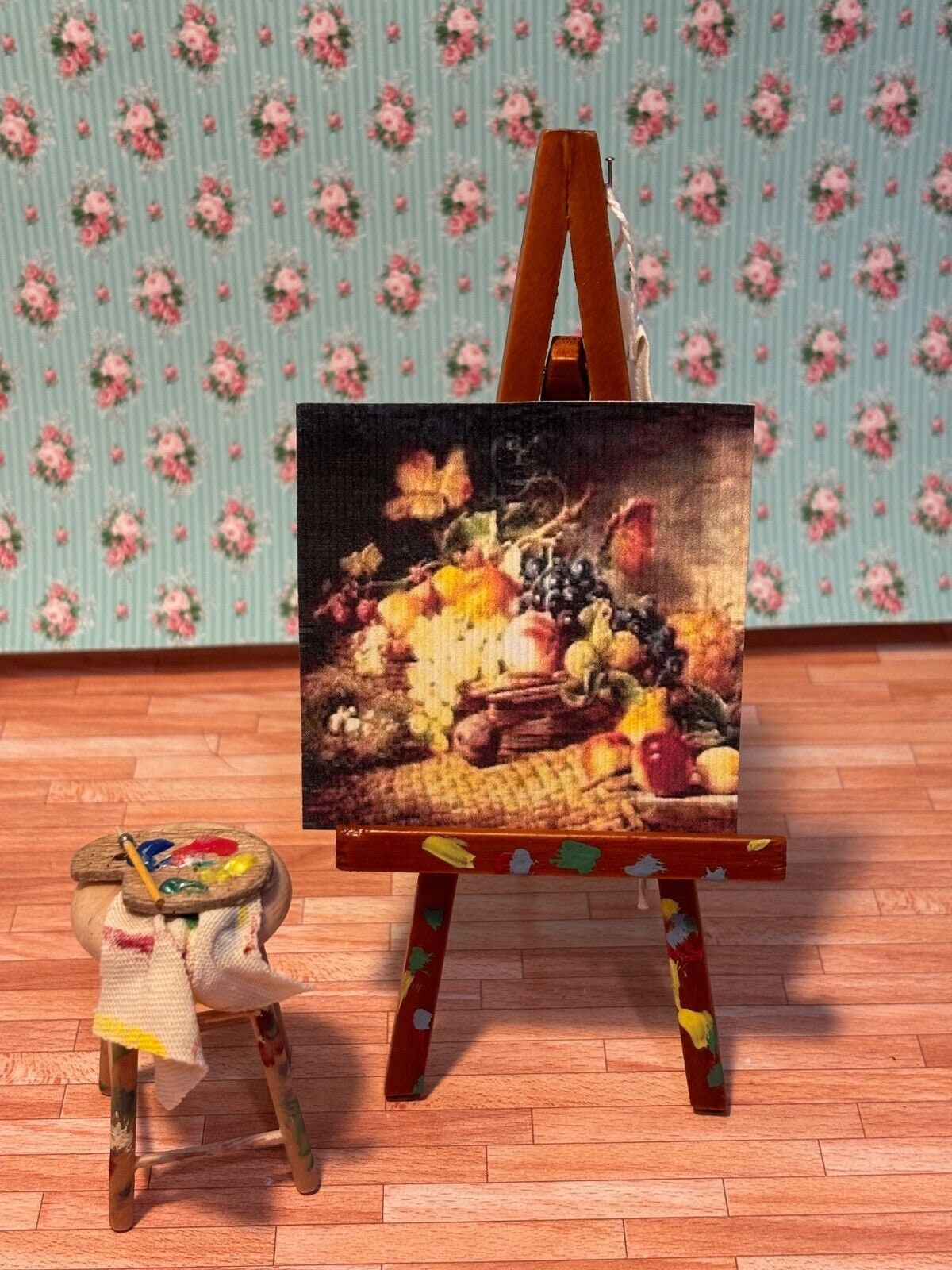 Dollhouse miniature art easel and stool - fruits - handcrafted by taylor jade