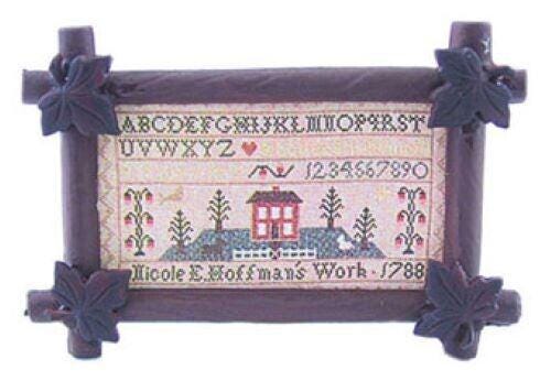 Dollhouse miniature sampler in antique leaf frame, handcrafted