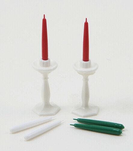 Chrysnbon white candlesticks with green and red candles -  dollhouse miniature