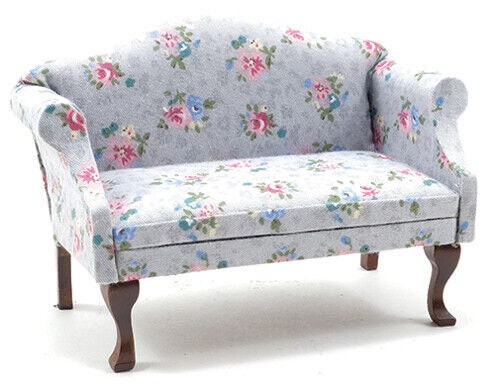 Dollhouse miniature sofa, walnut with gray floral fabric