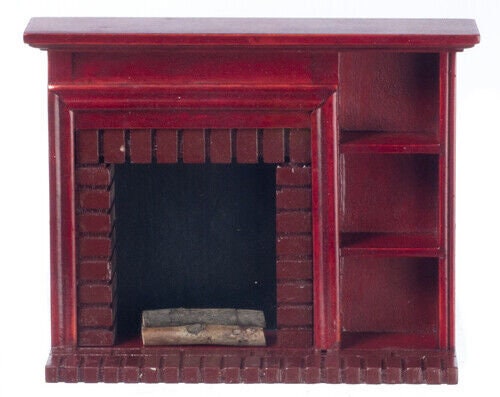 Dollhouse miniature mahogany fireplace with shelves