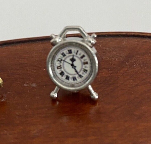 Dollhouse miniature silver alarm clock