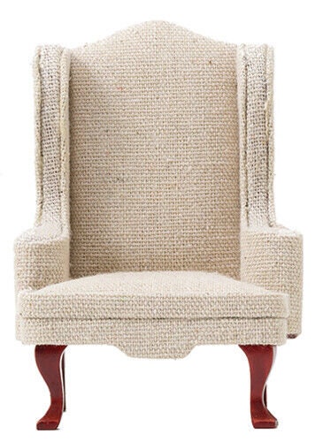 Dollhouse miniature chair mahogany, with beige fabric