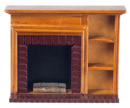 Dollhouse miniature walnut fireplace with shelves