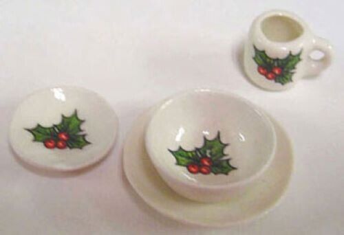 Dollhouse Miniature Christmas Holly Design Place Setting Handcrafted