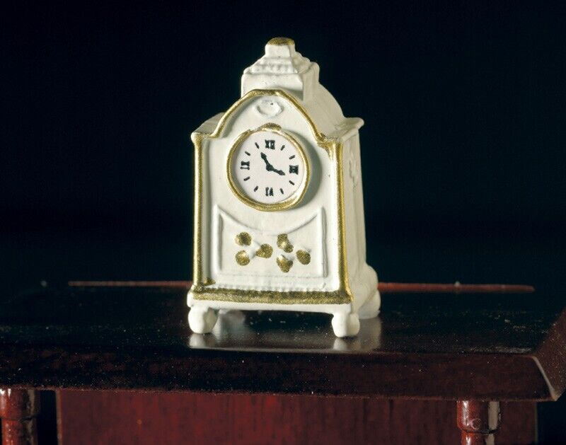 Dollhouse Miniature White Mantel Clock with Gold Edging