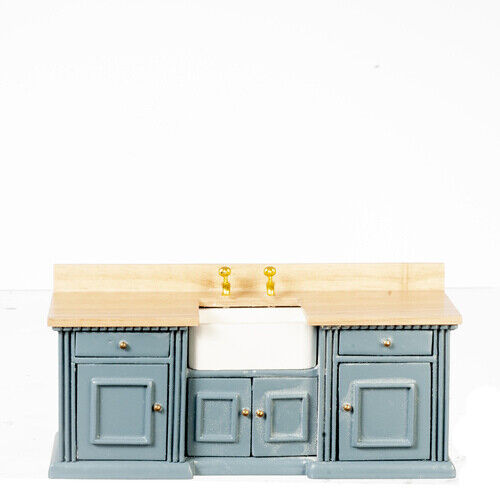 Dollhouse Miniature Kitchen Counter and Sink in Blue and Oak