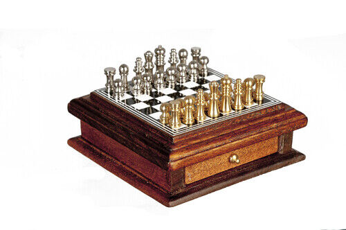 Dollhouse Miniature Chess Board with Drawer in Walnut